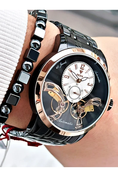 Fiesta Siyah Renk Çift Türbünlü Otomatik Business Erkek Kol Saati + BİLEKLİK ürün görseli 1