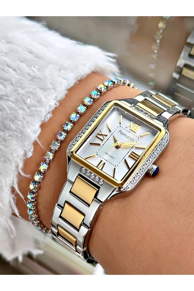 Ferrucci Altın Renk Kare Taşlı Model Roma Rakamlı Çelik Kordon Kadın Kol Saati + BİLEKLİK ürün görseli 1