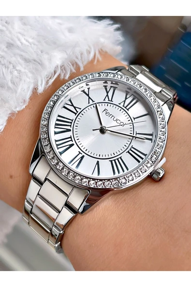 Ferrucci Gümüş Renk Taşlı Kasa Çelik Kordon Kadın Kol Saati Bileklik Hediyeli ürün görseli 1