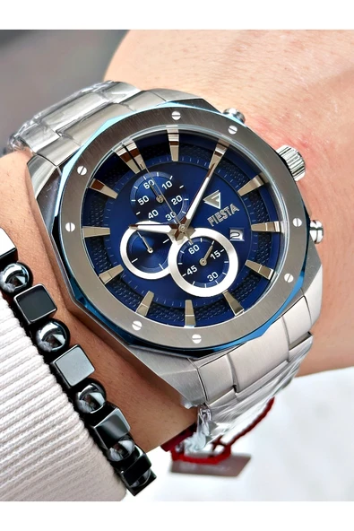 Fiesta Gümüş Renk Çelik Elite Mekanizma Garantili Fonksiyonlu Erkek Kol Saati + BİLEKLİK - Resim 4