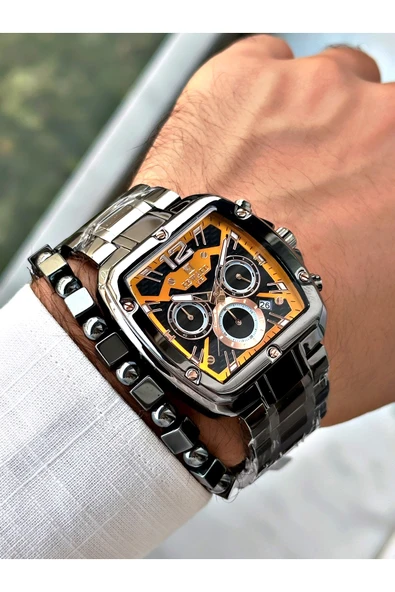 GÜMÜŞ Gümüş Renk Kare Model Çelik Kordon  Erkek Kol Saati + Bileklik - Resim 2