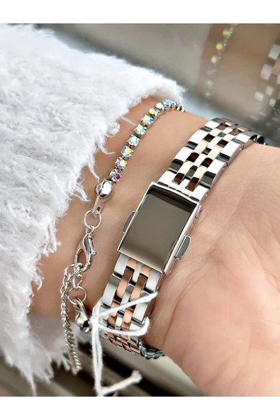Ferrucci Rose Gold Gümüş Renk Kare Taşlı Model Çelik Kordon Kadın Kol Saati + BİLEKLİK - Resim 3