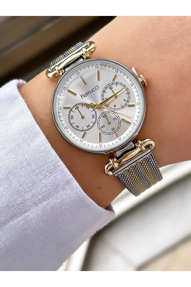 Ferrucci Altın Gold Silver Çift Renk Klasik Hasır Kordon Kadın Kol Saati - Resim 4