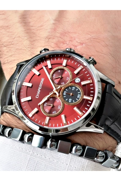 Chaperone Siyah Renk Deri Kordon Fonksiyonlu  Erkek Kol Saati + BİLEKLİK HEDİYELİ By REWARD ürün görseli 1