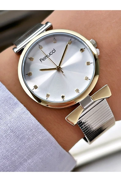 Ferrucci Altın Gold Silver Çift Renk Sade Şık Dizayn Kadın Kol Saati - Resim 3