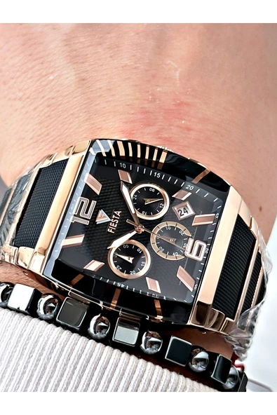 Fiesta Siyah Renk Kare Aynalı Model Çelik Business Erkek Kol Saati + BİLEKLİK - Resim 3