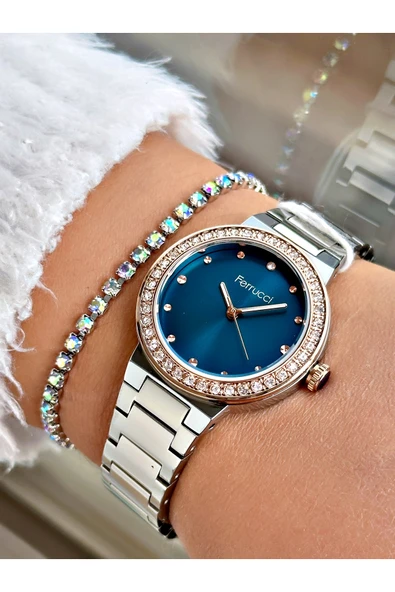 Ferrucci Gümüş Renk Taşlı Model Sade  Kadın Kol Saati + BİLEKLİK ürün görseli 1