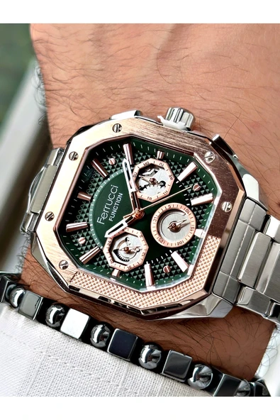 Ferrucci Gümüş Renk Kare Fonksiyonlu  Çelik Kordon Erkek Kol Saati + BİLEKLİK HEDİYELİ ürün görseli 1