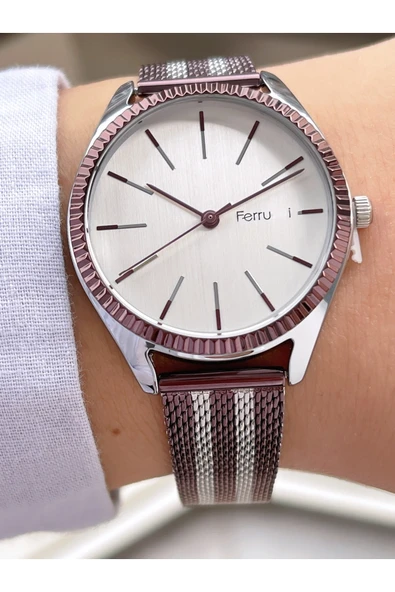 Ferrucci Bordo Gümüş Çift Renk Klasik Hasır Kadın Kol Saati - Resim 2