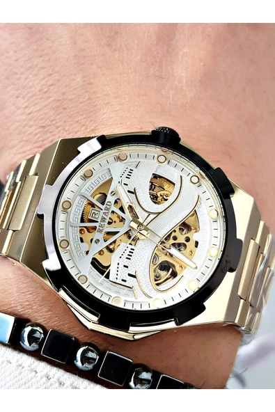 Reward Altın Renk Kabe Desen Otomatik Mekanizma Erkek Kol Saati + BİLEKLİK ürün görseli 1