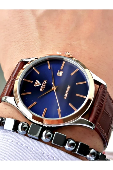 Fiesta Kahve Renk Klasik Sade Model Çelik Kasa Erkek Kol Saati + BİLEKLİK ürün görseli 1