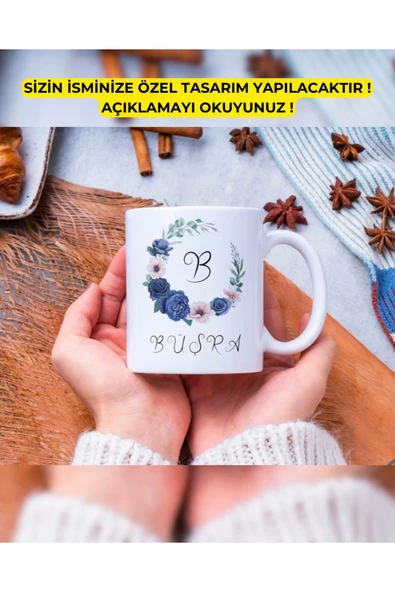 Baş Harf Çiçek Çerçeve Kupa Bardak Kişiye Özel Baskılı Hediye Bardak Mug Kahve Bardağı ürün görseli 1