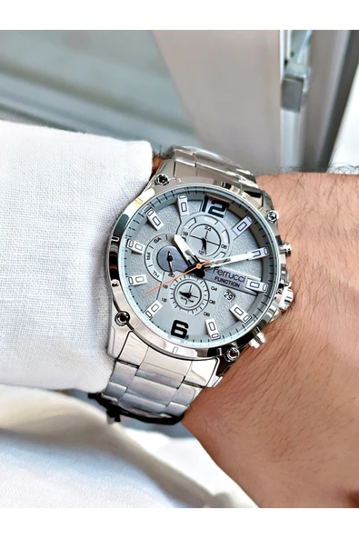 Ferrucci Gümüş Silver Renk Fonksiyonlar Aktif Spor Çelik Kordon Erkek Kol Saati + BİLEKLİK HEDİYELİ - Resim 2