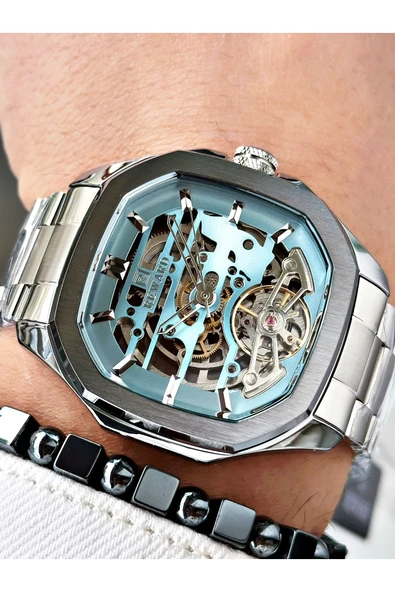 Reward Gümüş Renk Otomatik İskelet Kare Model Mekanizma Erkek Kol Saati + BİLEKLİK - Resim 3