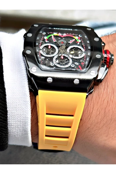 Navimarine Sarı Renk Fonksiyonlu Spor Silikon Kare Erkek Kol Saati + BİLEKLİK HEDİYELİ - Resim 5