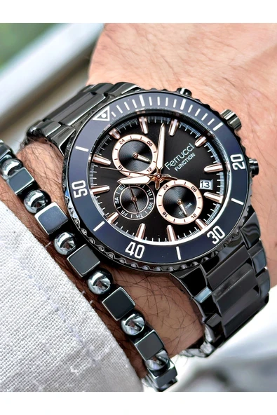 Ferrucci Siyah Renk Fonksiyonlar Aktif  Çelik Kordon Erkek Kol Saati + BİLEKLİK HEDİYELİ - Resim 3