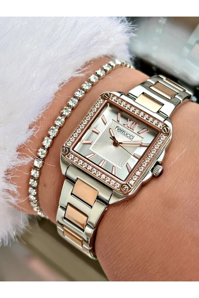 Ferrucci Gümüş Rose Renk Kare Model Taşlı Çelik Kordon Kadın Kol Saati + BİLEKLİK HEDİYELİ ürün görseli 1