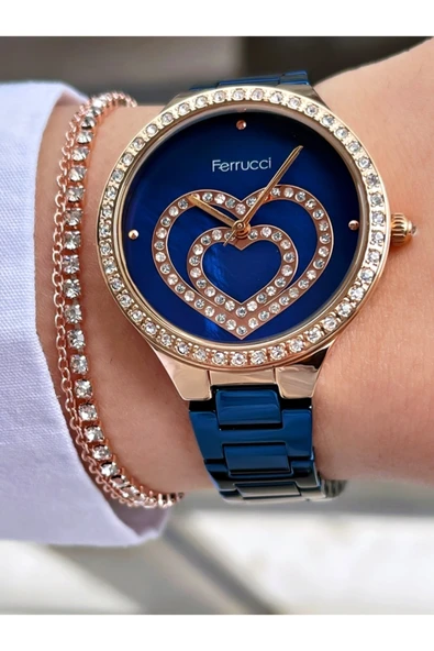 Ferrucci Lacivert Renk Rose Gold Kasa Kalpli Model Kadın Kol Saati + Bileklik Hediyeli - Resim 2