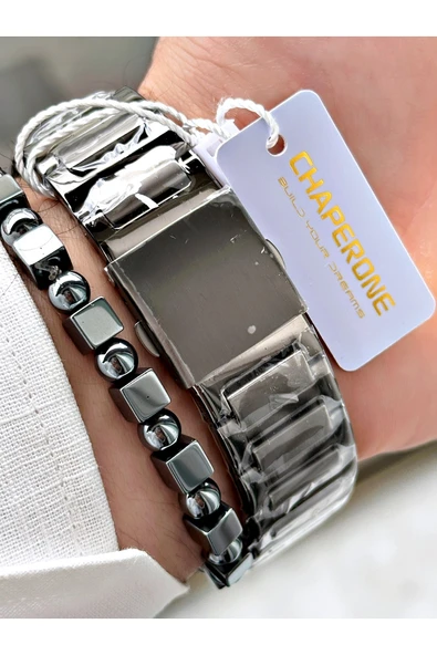 Chaperone Füme Renk Sade Klasik Kare Model Çelik Kordon Erkek Kol Saati + BİLEKLİK HEDİYELİ By REWARD - Resim 4