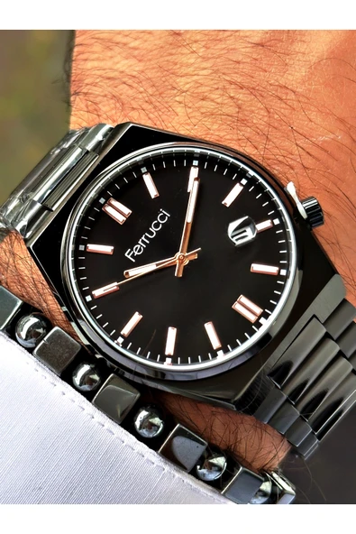 Ferrucci Siyah Renk Klasik Takvimli Çelik Model Erkek Kol Saati + BİLEKLİK HEDİYELİ ürün görseli 1