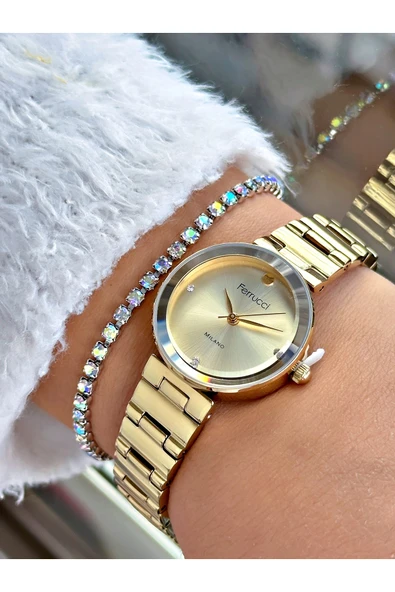 Ferrucci Altın Renk Klasik Model  Çelik Kordon Kadın Kol Saati + BİLEKLİK ürün görseli 1