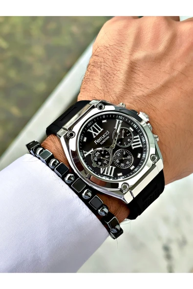 Ferrucci Siyah Renk Silikon Fonksiyonlar Aktif Spor Erkek Kol Saati + BİLEKLİK - Resim 3