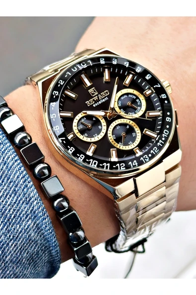 Reward Altın Renk Aynalı Cam Fonksiyonlu Erkek Kol Saati + BİLEKLİK ürün görseli 1
