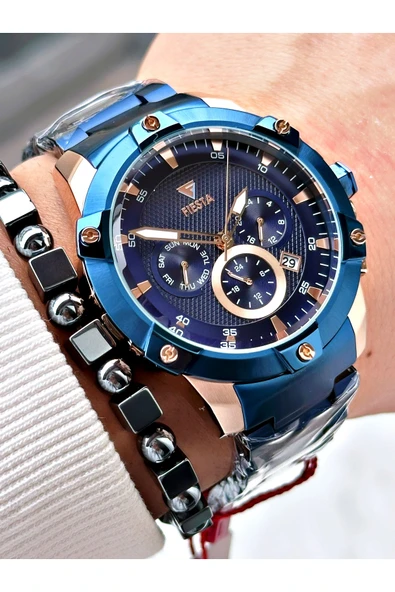 Fiesta Lacivert Renk Fonksiyonlu Çelik Makine Garantili Erkek Kol Saati + BİLEKLİK - Resim 3