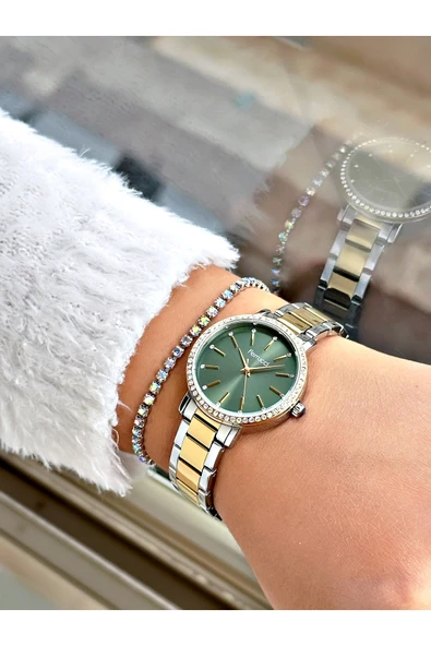 Ferrucci Altın Gümüş Renk Sade Taşlı Model  Garantili Kadın Kol Saati + BİLEKLİK - Resim 2