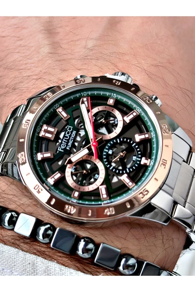 Ferrucci Gümüş Renk Fonksiyonlar Aktif Çelik Kordon  Erkek Kol Saati + BİLEKLİK HEDİYELİ ürün görseli 1