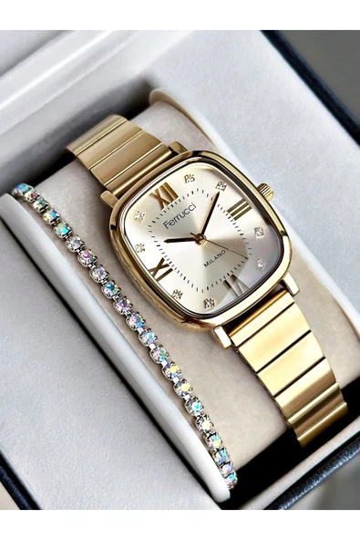 Ferrucci Altın Renk Kare Model Roma Rakamlı Şık Dizayn Kadın Kol Saati + BİLEKLİK ürün görseli 1