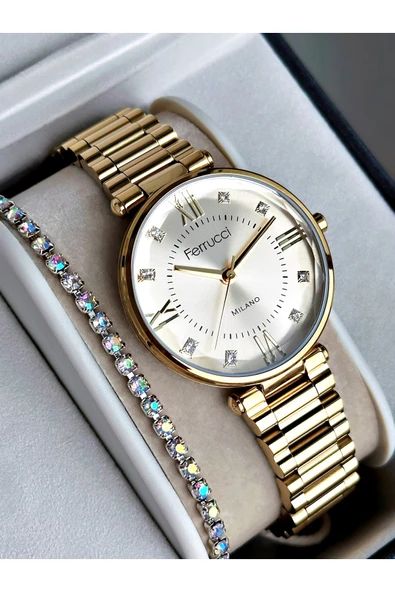 Ferrucci Altın Renk Roma Rakamlı Sade Model Çelik Kordon Kadın Kol Saati + BİLEKLİK ürün görseli 1