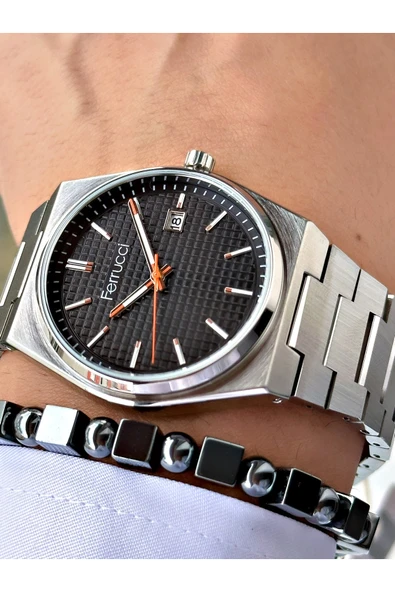 Ferrucci Gümüş Renk Şık Spor Çelik Kordon  Fonksiyonlu Erkek Kol Saati + BİLEKLİK - Resim 3