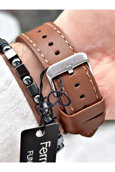 Ferrucci Kahverengi Deri Kordon Fonksiyonlu Şık Dizayn Erkek Kol Saati + BİLEKLİK HEDİYELİ - Resim 4