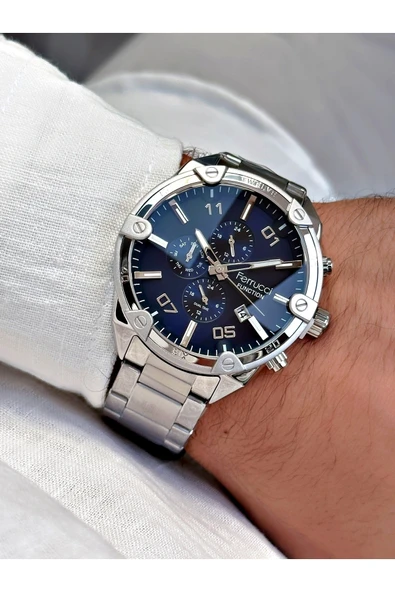 Ferrucci Gümüş Renk Renkli Cam Fonksiyonlar Aktif Çelik Kordon Erkek Kol Saati + BİLEKLİK HEDİYELİ - Resim 3