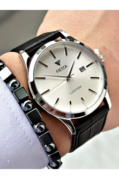 Fiesta Siyah Renk Klasik Sade Model Çelik Kasa Erkek Kol Saati + BİLEKLİK - Resim 3