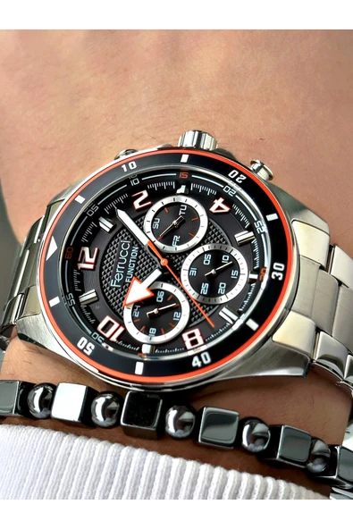 Ferrucci Gümüş Renk Çelik Kordon Erkek Kol Saati + Hematit Doğaltaş Bileklik Hediyeli ürün görseli 1