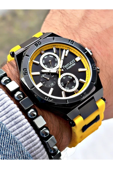 Ferrucci Sarı Spor Silikon Kordon Erkek Kol Saati + BİLEKLİK HEDİYELİ - Resim 3