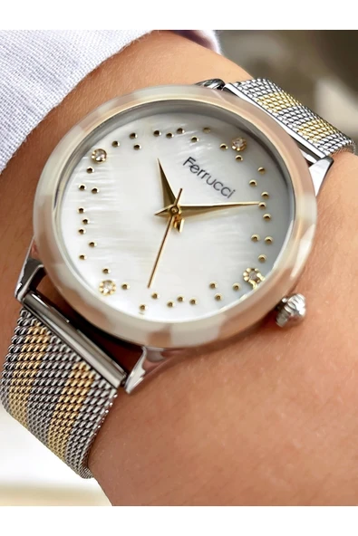 Ferrucci Silver Gold Hasır Metal Kadın Kol Saati ürün görseli 1