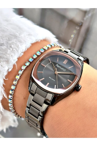 Ferrucci Füme Renk Klasik Aynalı Camlı Kadın Kol Saati + BİLEKLİK HEDİYELİ ürün görseli 1
