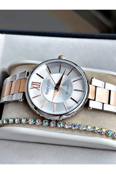 Ferrucci Rose Gold Gümüş Renk Aynalı Kristal Görünüm Cam Çelik Kordon Kadın Kol Saati + BİLEKLİK - Resim 2