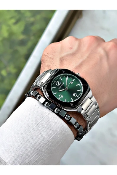 Chaperone Gümüş Renk Sade Klasik Kare Model Çelik Kordon Erkek Kol Saati + BİLEKLİK HEDİYELİ By REWARD - Resim 2