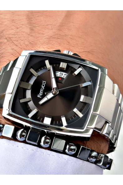 Ferrucci Gümüş Renk Kare Klasik Çelik Kordon Erkek Kol Saati + BİLEKLİK ürün görseli 1