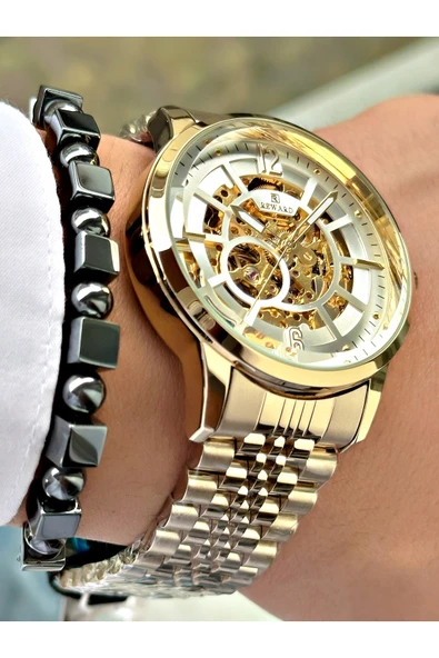 Reward Altın Renk Çelik Kordon Otomatik Business Erkek Kol Saati + BİLEKLİK HEDİYELİ ürün görseli 1