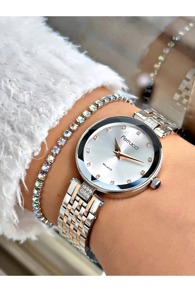 Ferrucci Rose Gümüş Renk Kesme Cam Kristal Model Şık Model Kadın Kol Saati + BİLEKLİK HEDİYELİ ürün görseli 1