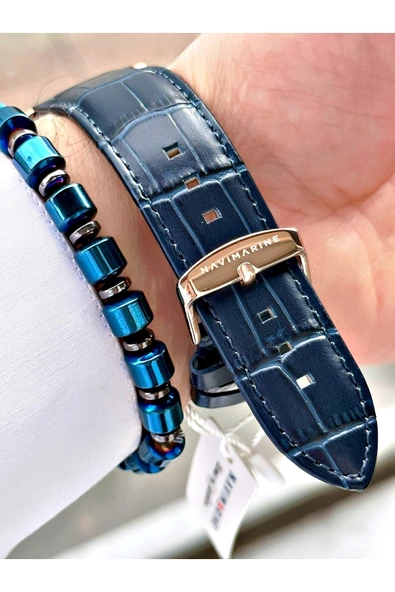 Navimarine Lacivert Renk Tüm Fonksiyonlar Aktif Orjinal Deri Erkek Kol Saati + Bileklik Hediyeli - Resim 5