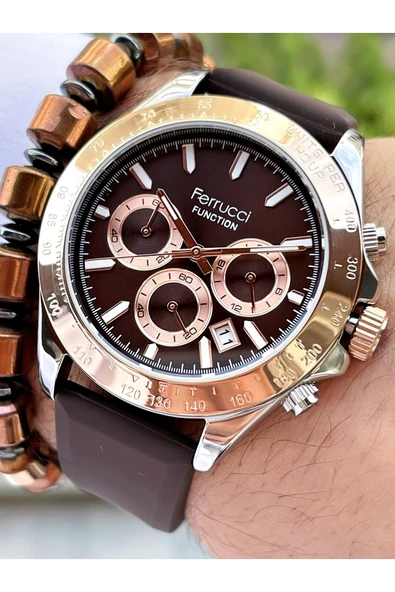 Ferrucci Kahverengi Silikon Kordon Fonksiyonlu 2 Yıl Garantili Erkek Kol Saati + Bileklik - Resim 2