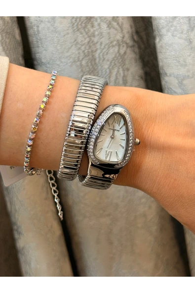 Chaperone Gümüş Renk Yılan Model Dolamalı Kadın Kol Saati + BİLEKLİK - Resim 3