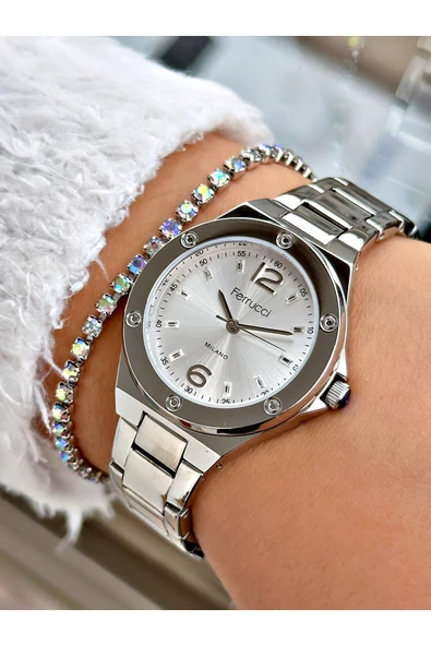Ferrucci Gümüş Renk Klasik Sade Model  Kadın Kol Saati + BİLEKLİK ürün görseli 1