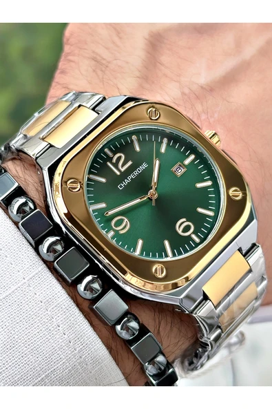 Chaperone Altın Gümüş Renk Sade Klasik Kare Model Çelik Kordon Erkek Kol Saati + BİLEKLİK HEDİYELİ By REWARD - Resim 3